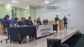 A primeira imagem mostra uma audiência pública sobre as Eleições Gerais de 2026, realizada em um...