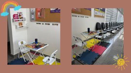 Espaço infantil montado em ambiente institucional, com mesinha, cadeiras pequenas, prateleiras c...