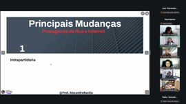 A imagem principal mostra a tela de uma videoconferência com a apresentação de um slide intitula...