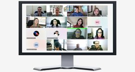 A imagem mostra uma videoconferência com a participação de diversas pessoas, distribuídas em jan...