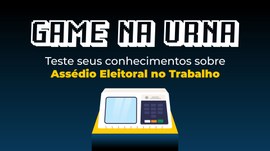 Imagem com fundo azul escuro e, no centro, tem o desenho de uma urna eletrônica. Acima, está esc...