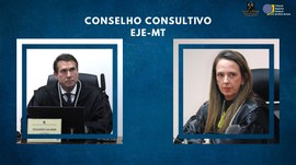 Arte gráfica institucional do TRE-MT com fundo azul e o título "Conselho Consultivo EJE-MT". A i...