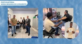A imagem é composta por três registros que destacam o funcionamento do Posto Eleitoral de Nossa ...