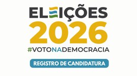 Arte gráfica com fundo branco destacando o texto "Eleições 2026", acompanhado da hashtag #VotoNa...