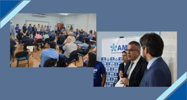 A imagem mostra um evento institucional com a participação de autoridades e servidores, realizad...