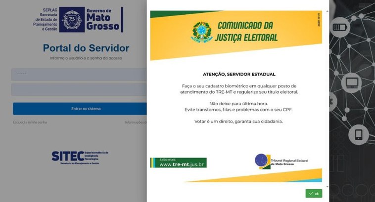 Biometria 100%: TRE-MT e Seplag-MT divulgam mensagem no Portal do Servidor Biometria 100%: TRE-MT e Seplag-MT divulgam mensagem no Portal do Servidor