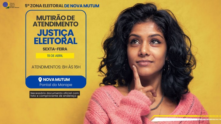 Assentamento Pontal do Marape, em Nova Mutum, recebe mutirão da Justiça Eleitoral #DescriçãodaImagem: Com um fundo amarelo, há uma mulher negra de camisa moletom rosa ao lado dir...