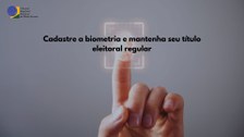 #DescriçãodaImagem: A imagem de fundo cinza mostra um dedo ao meio e a sua biometria. Como texto...