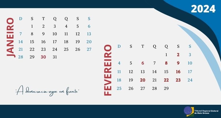 Confira o calendário das Sessões Plenárias de janeiro e fevereiro de 2024 #DescriçãodaImagem: A imagem mostra os calendários de janeiro e fevereiro com marcações em verme...