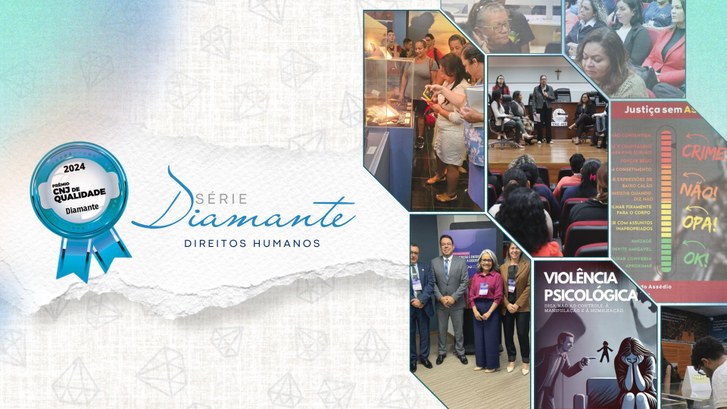 Diamante: Políticas em Direitos Humanos fortalecem a democracia e a Justiça Eleitoral de MT #DescriçãodaImagem: A imagem de fundo cinza mostra ao lado esquerdo várias fotos que ilustram as...