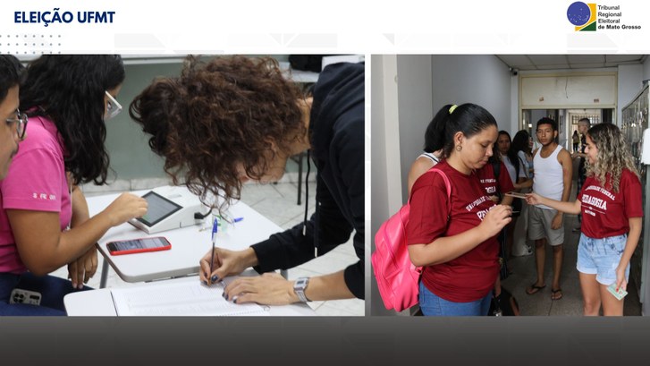 Eleição Comunitária: UFMT realiza consulta para escolha da Nova Reitoria #DescriçãodaImagem: Na parte superior está escrito: “Eleição UFMT”. Abaixo estão duas fotografia...