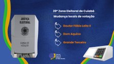 #DescriçãodaImagem: Com fundo azul, ao lado direito há uma cabine de votação e ao lado esquerdo ...