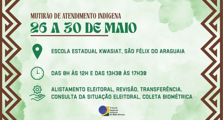 Justiça Eleitoral leva mutirão de atendimento para Aldeia Capivara, no Parque Indígena do Xingu #DescriçãodaImagem: Com fundo verde e branco e detalhes na cor marrom dos lados esquerdo e direi...