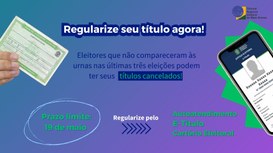 #DescriçãodaImagem: Com fundo azul, a imagem possui um título eleitoral ao lado esquerdo sendo s...