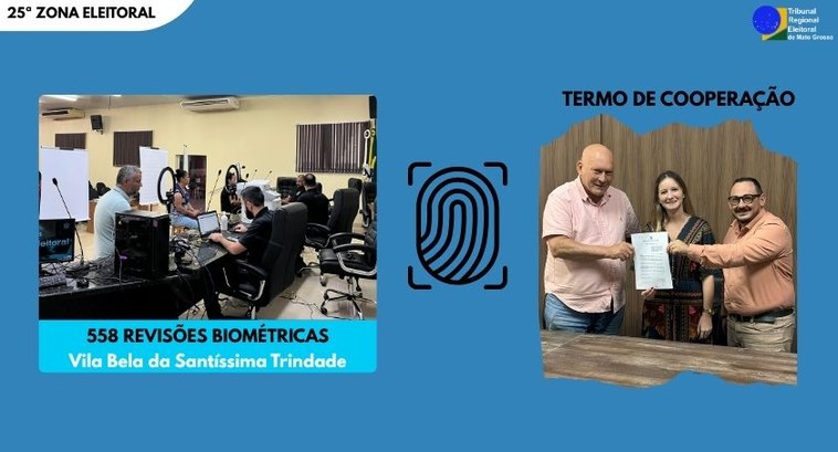 Mais de 500 revisões biométricas são feitas em mutirão de Vila Bela da Santíssima Trindade #PraTodosVerem: A imagem divulga ações da 25ª Zona Eleitoral em Vila Bela da Santíssima Trindade...