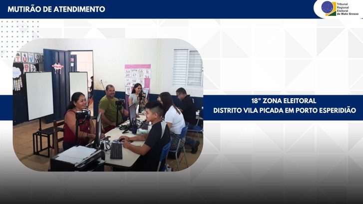 Mutirão no distrito Vila Picada atende mais de 250 eleitores #PraTodosVerem: A imagem tem um fundo cinza e branco com formas triangulares. Na parte superior ...