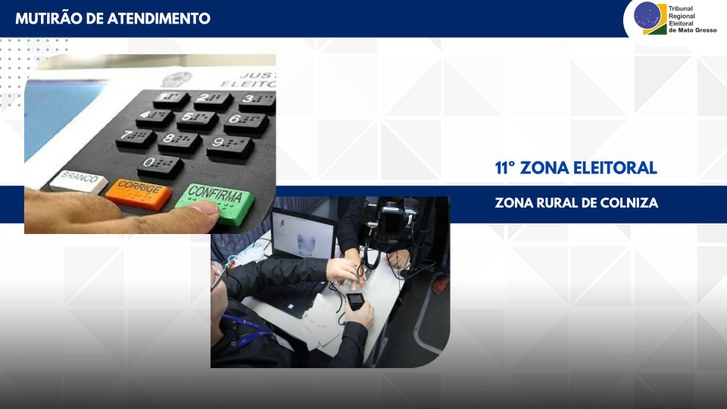 População da zona rural de Colniza receberá mutirão da Justiça Eleitoral #PraTodosVerem: Com fundo triangular cinza e branco, na parte superior tem uma faixa azul em que...