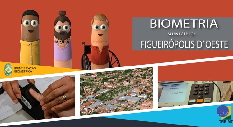 TRE-MT BIOMETRIA EM FIGUEIROPOLIS D'OESTE Imagem mostra arte com os dedoches e mais a imagem do municipio de figueiropolis d'oeste
