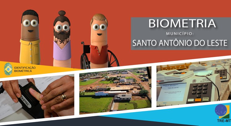TRE-MT biometria em Santo Antonio do Leste Imagem mostra os dedoches e ao fundo a foto do municipio de santo antonio do leste