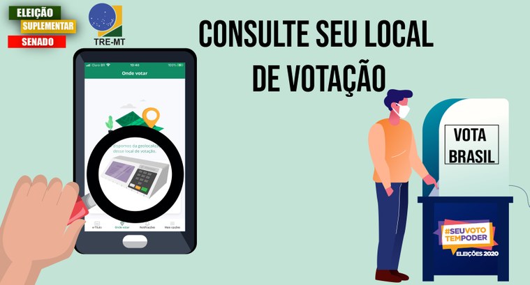 Imagem mostra um celular e uma lupa em cima dele localizando local de votação.