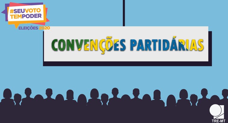 Imagem mostra publico e letreiro que mostra convenções partidárias, logo da eleição 2020 e logo ...