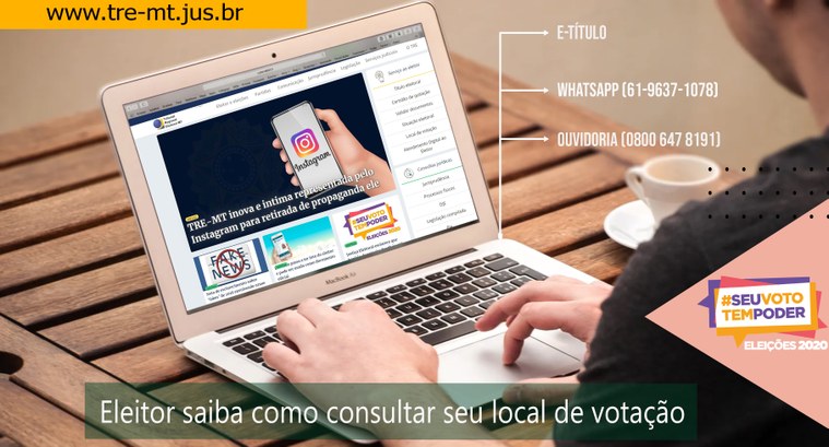 imagem mostra um rapaz acessando o notebook vendo o Site do TRE.