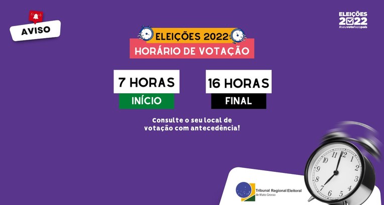 TRE-MT - Eleições 2022: Em Mato Grosso horário de votação será das 7h às 16h