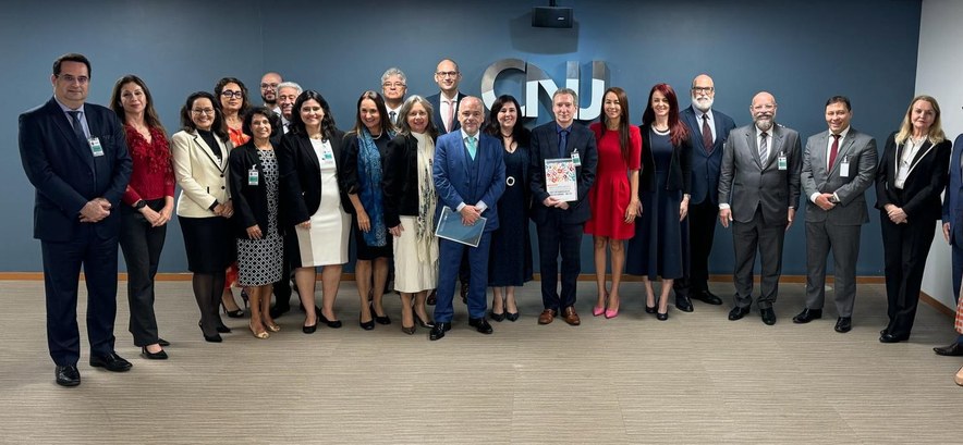 TRE-MT participa de seminário interamericano de proteção a Direitos Humanos #PraTodosVerem: Imagem com parede na cor azul com escrito CNJ, com 21 participantes do Seminário...