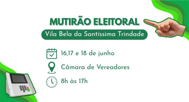 TRE-MT promove mutirão de atendimento em Vila Bela da Santíssima Trindade #DescriçãodaImagem: A imagem de fundo branco contém uma urna eletrônica no canto esquerdo e uma ...