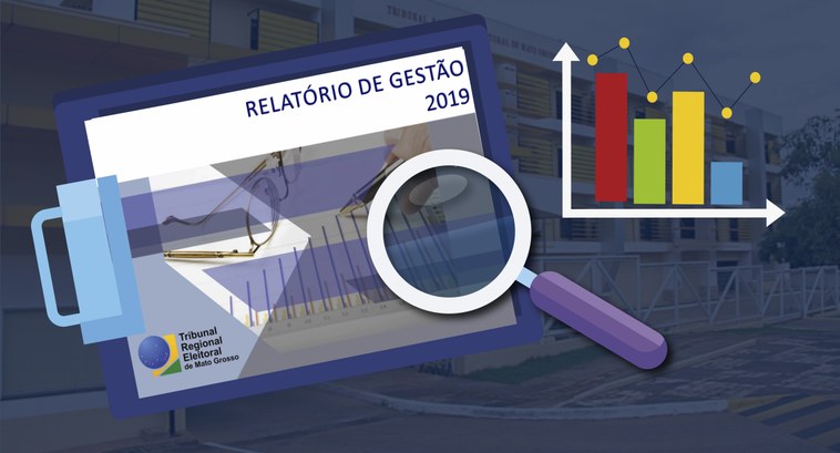 TRE-MT Relatório de Gestão imagem mostra ao fundo o tre-mt e na frente um relatório e uma lupa