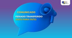 Card com fundo em degradê roxo e azul. Ao centro, um balão de conversa com um megafone azul e o ...