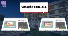 imagem mostra ao fundo a sede do tre-mt e a frente duas urnas eletrônicas e o dizeres "votação p...