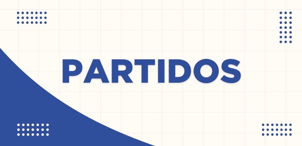 #DescriçãodaImagem: Com o fundo branco e azul, ao meio está escrito “Partidos”.